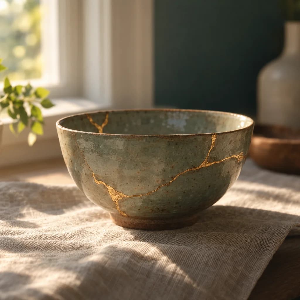 A mended pottery bowl in warm window light
