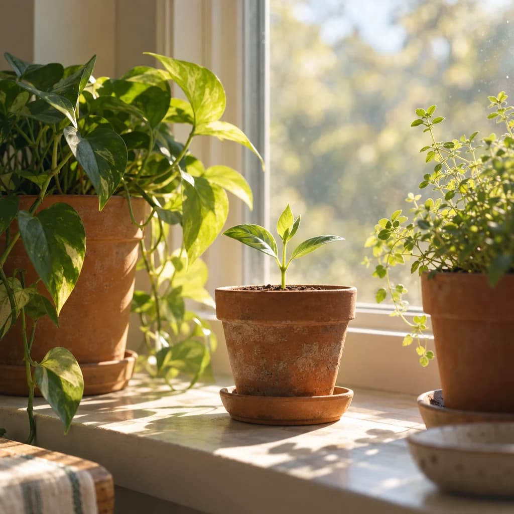 A small plant growing on a sunlit windowsill