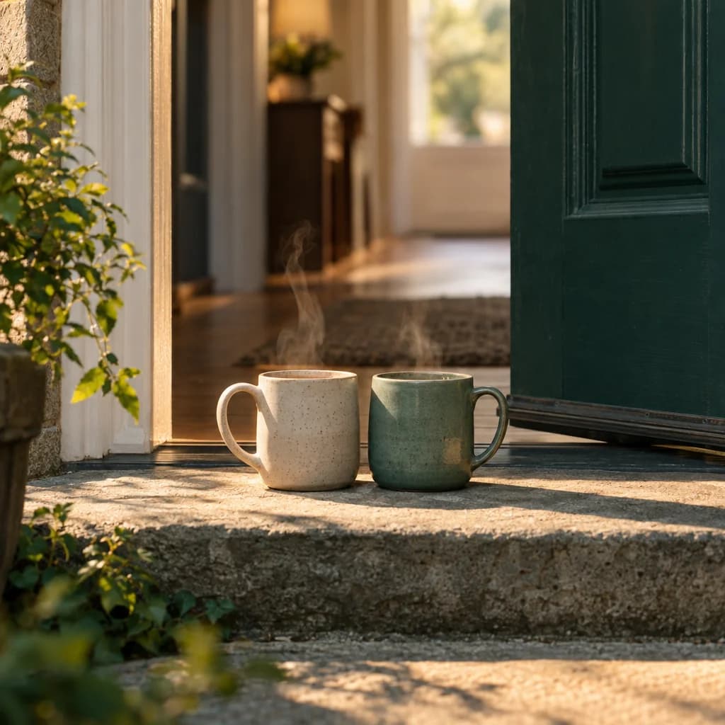 Two mugs beside an open doorway