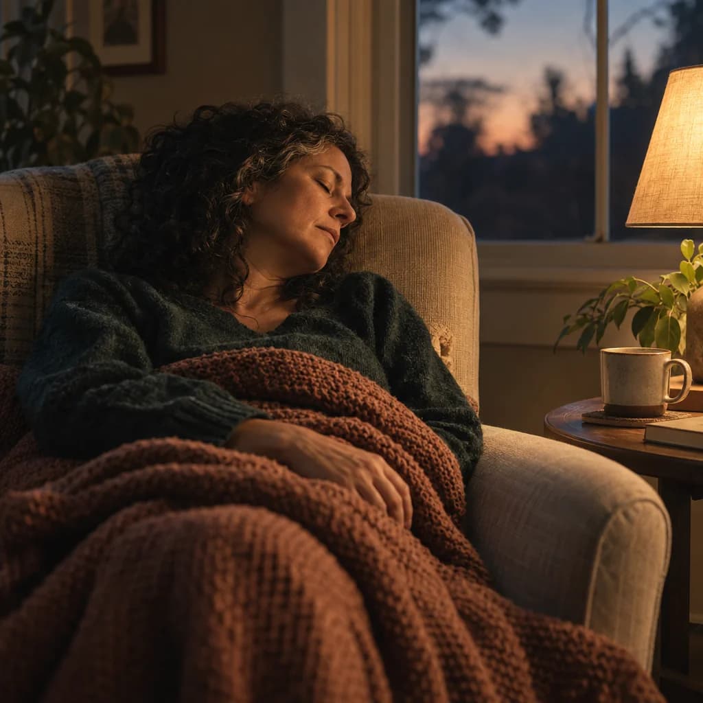 A woman resting under a blanket beside a window