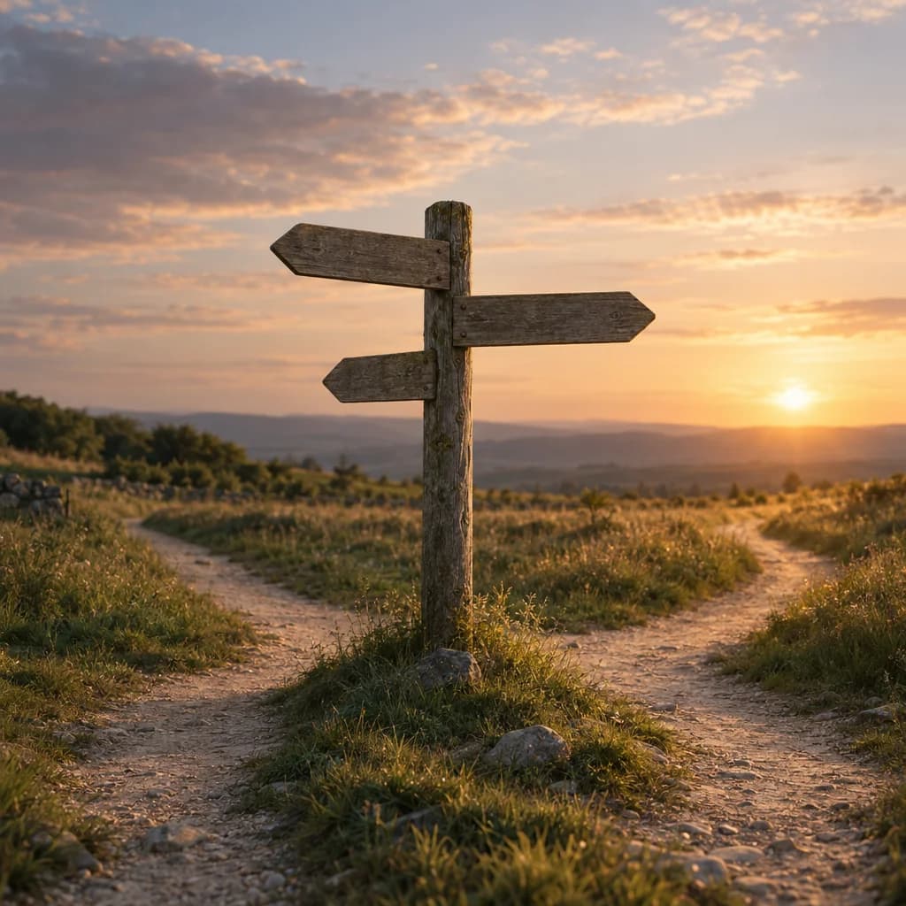 A wooden signpost where two paths meet at sunset