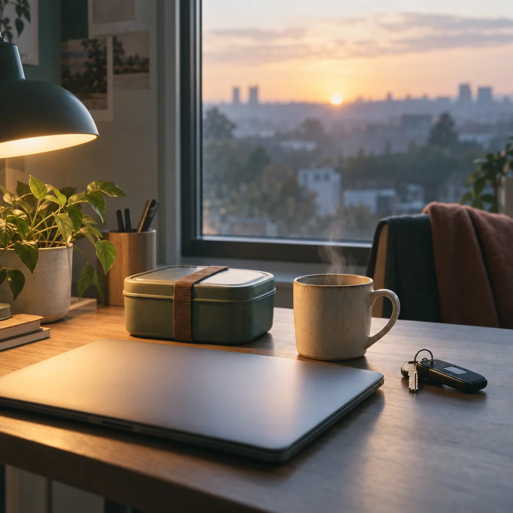 A closed laptop, lunchbox and mug on a desk beside a window