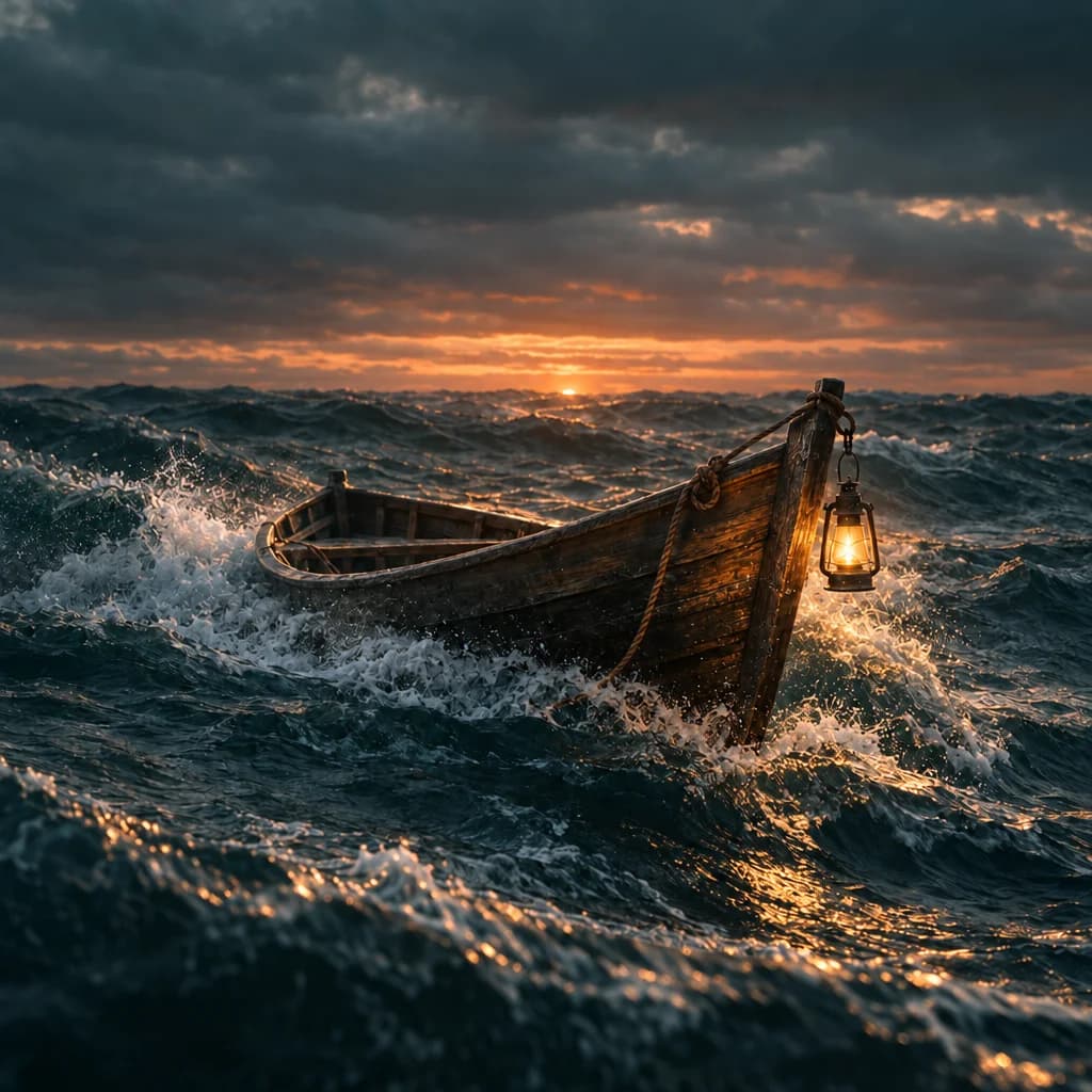 A lantern on a small boat in a storm at sunset